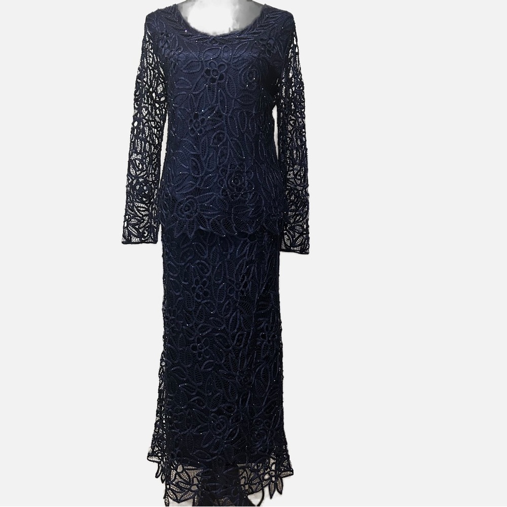 Soulmates Women's Navy  Silk Lace Floral Beaded Hand Crocheted Skirt Set Fairy